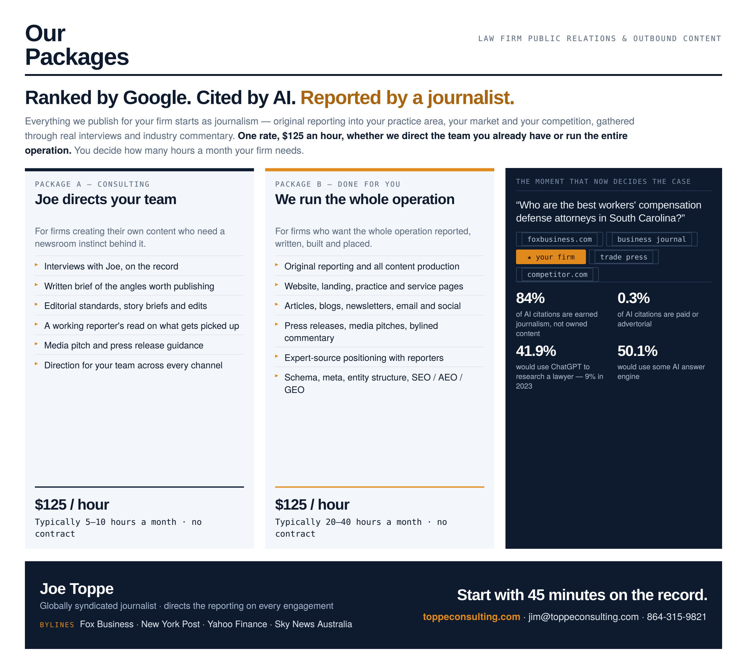 Toppe Consulting law firm public relations packages — journalist-led PR and content at $125 per hour, from a few hours a month to a full outbound operation.