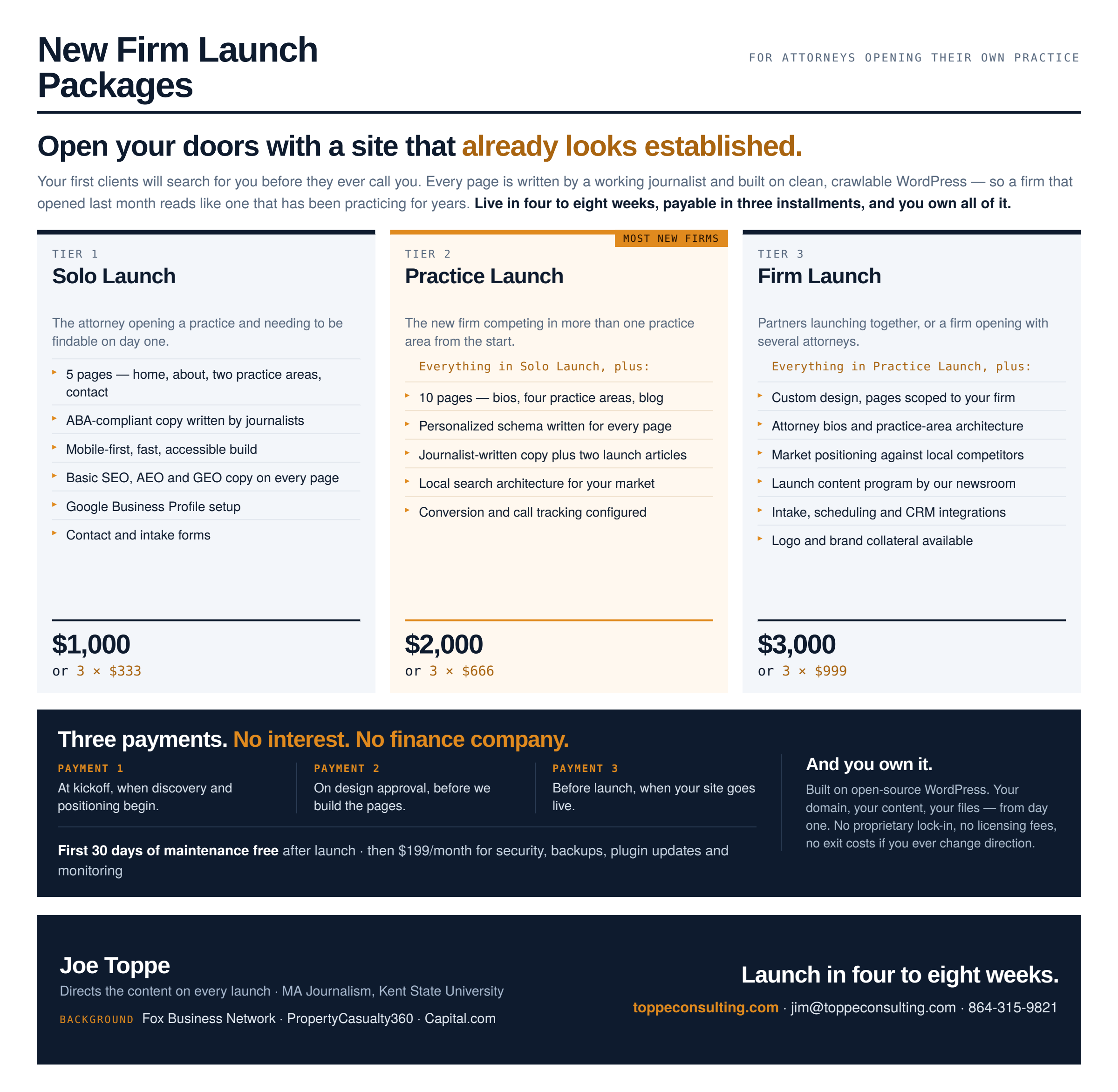 Toppe Consulting new law firm website launch packages — journalist-written attorney websites from $1,000 in three payments, live in four to eight weeks.
