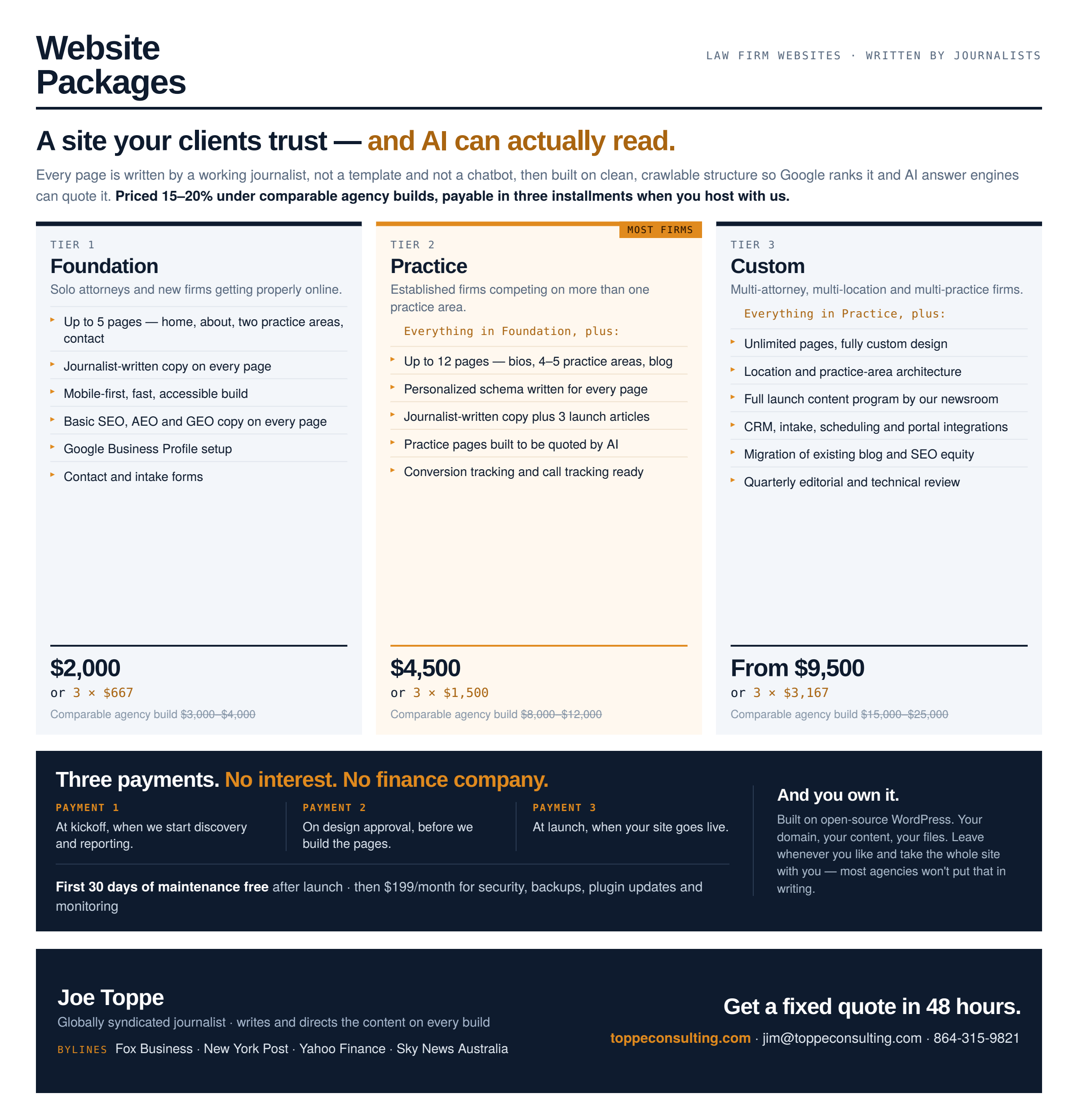 Toppe Consulting law firm website packages — journalist-written sites from $2,000 in three payments, with 30 days of maintenance free after launch.